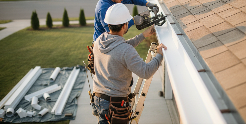 Create a realistic, professional service-business photograph showing Gutter Installation from behind, with the backs of their heads visible. Do not show any faces, facial features, front-facing views or side views, profiles, or identifiable